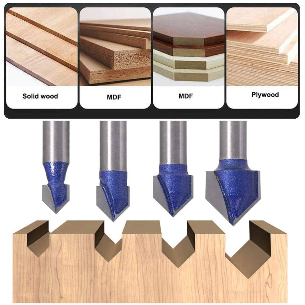 Eyech 4pcs 90 Degree V Groove Router Bit Set Carbide 1/4